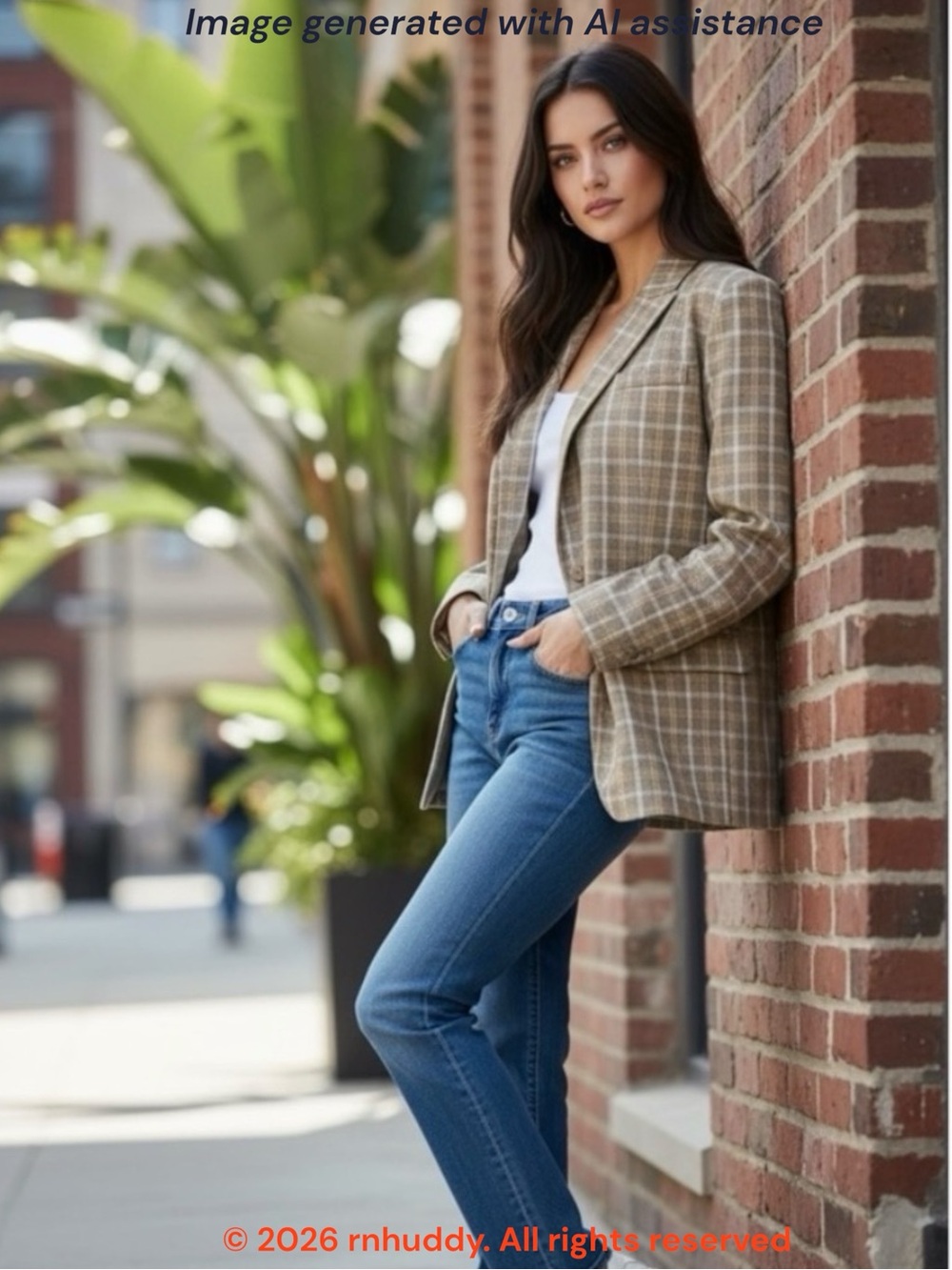 NWOT 4th & Reckless L tan plaid oversized one button chance blazer